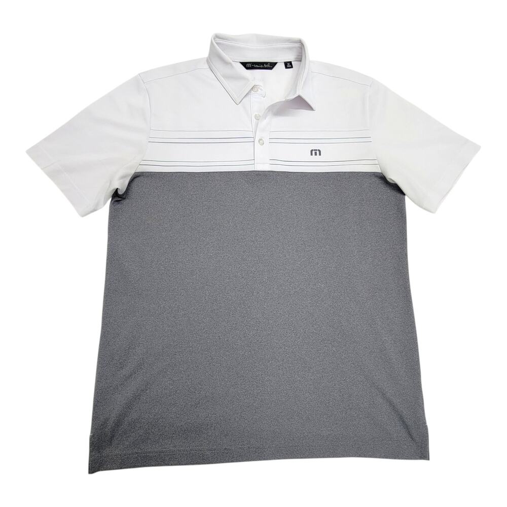 TravisMathew Mens Medium Golf Polo Shirt White Gray Chest Stripe Performance